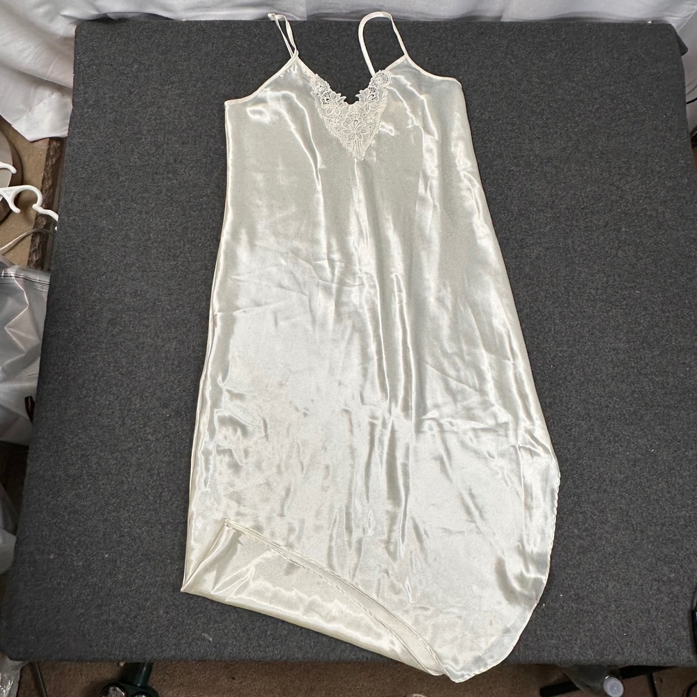 Inner Most Ivory Satin Lace Trim Chemise Nightgown High Low Hem Vintage Style